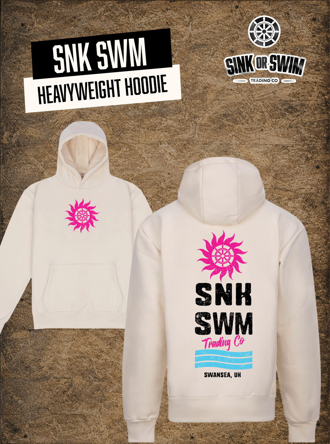 Vanilla SNK SWM heavyweight hoodie flat lay, neon pink sun wheel on the chest and SNK SWM Trading Co Swansea back print