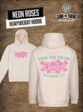 Vanilla Neon Roses heavyweight hoodie flat lay, neon pink roses on the chest and mint Sink Or Swim Trading Co back print