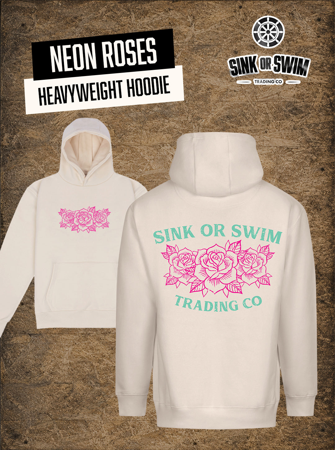 Vanilla Neon Roses heavyweight hoodie flat lay, neon pink roses on the chest and mint Sink Or Swim Trading Co back print